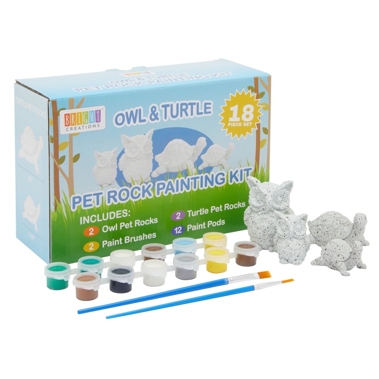 18 Piece Paint Your Own Rock Painting Kit for Kids with 12 Paint Rods, 2 Brushes, 2 Turtles, and 2 Owls (2 Sizes)